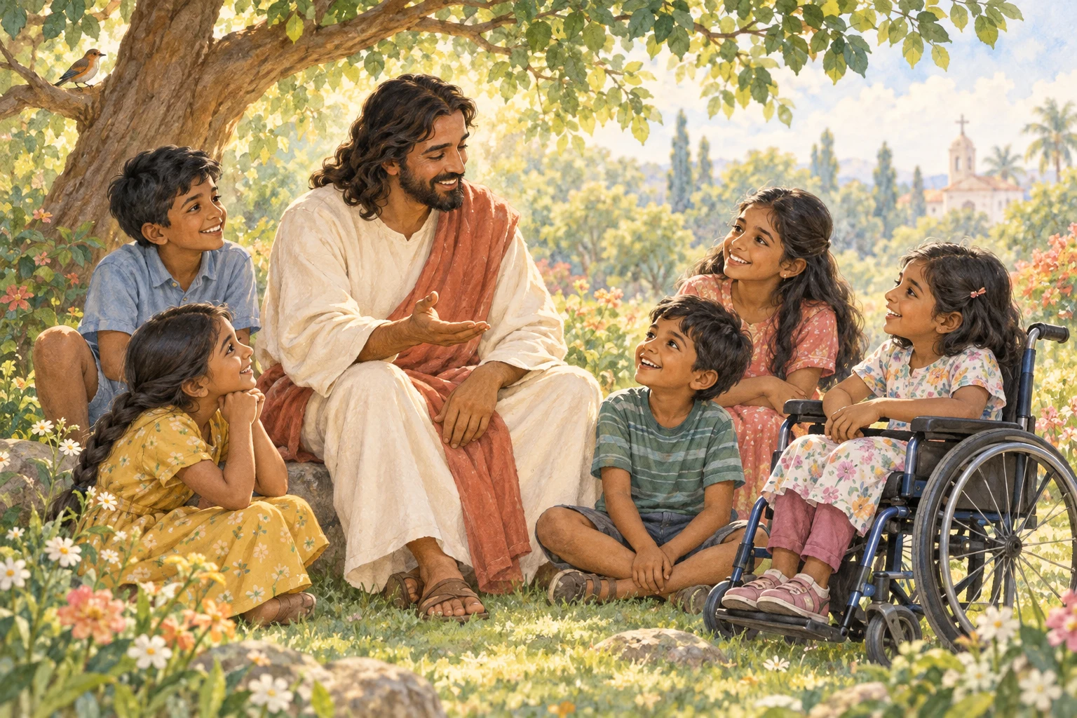 Storybook illustration of Jesus sitting with children in a sunlit garden, welcoming each one with a smile.